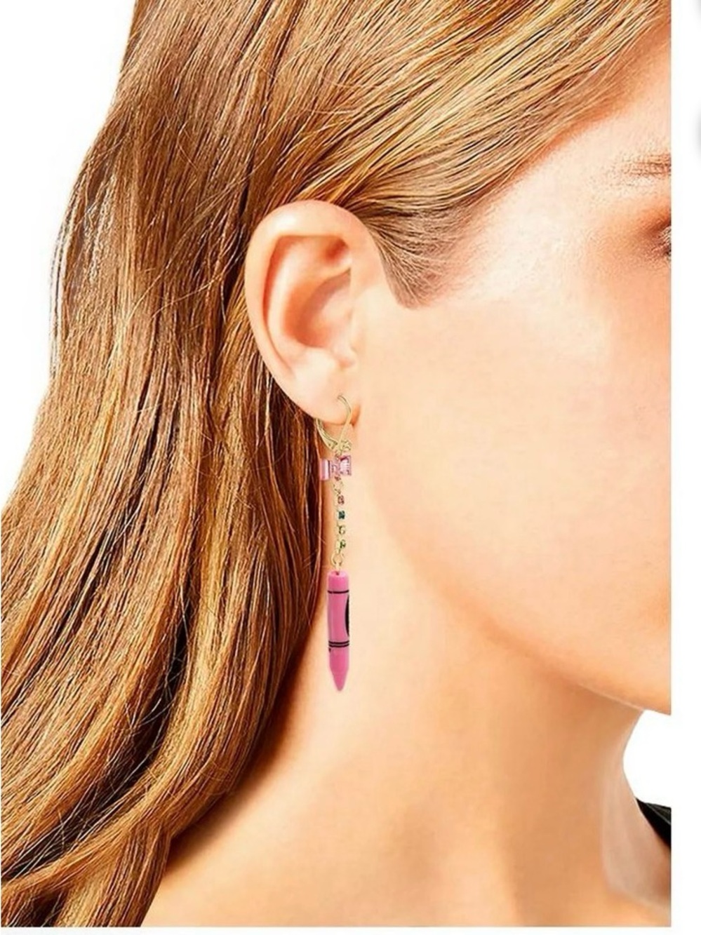 Betsey Johnson Pink Crayon & Crayon Box Asymmetric Dangle Earrings - Picture 2 of 4
